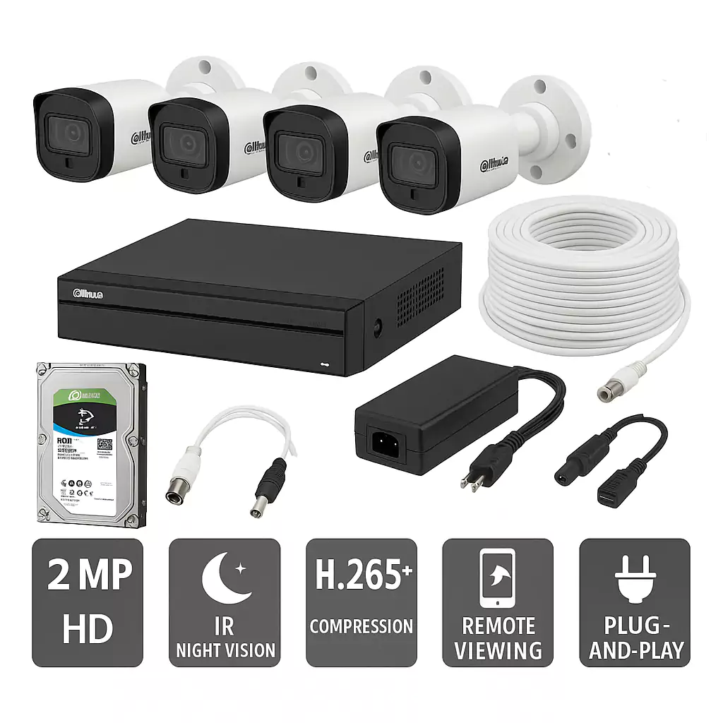 Dahua 4-Channel 2 MP Full-HD CCTV Kit | 4× Bullet Cameras + XVR1B04-I DVR + 500 GB HDD | H.265+ • IP67 • Mobile App • Plug-&-Play Security for Homes & Shops in Pakistan