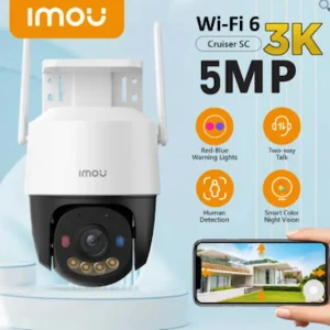 Imou Cruiser outdoor security camera with 360-degree pan-tilt, AI human detection, and full-color night vision mounted on a house wall.