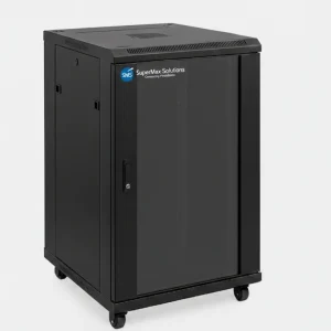 18U wall mount networking rack, 24"W x 24"D x 36"H, black SPCC cold-rolled steel with toughened glass door and lockable side panels.