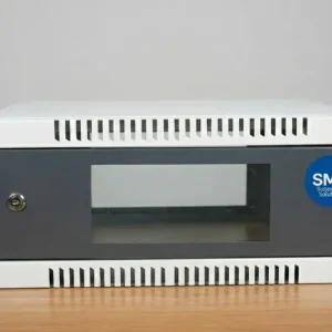 1U Fancy Rack for DVR NVR, 14x12x8 inch dimensions, white and black premium server cabinet with glass door and lock.