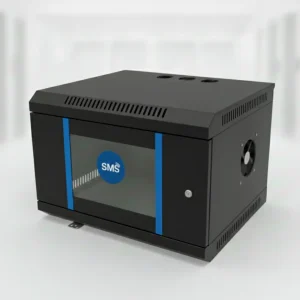 9U networking rack cabinet, 21" x 16" x 21", heavy-duty steel with lockable glass door and side ventilation.