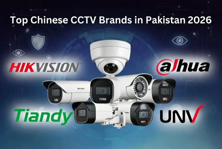 Top Chinese CCTV Brands in Pakistan 2026: Hikvision, Dahua, Tiandy and Uniview logos with security cameras